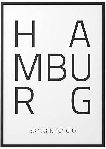Papierschmiede® Geo Poster Koordinaten Hamburg, A4 Gerahmt im Holzrahmen (schwarz), Stadt Bild als Wanddeko für Wohnzimmer Schlafzimmer Küche Esszimmer, Hamburg Perle Hauptstadt des Nordens