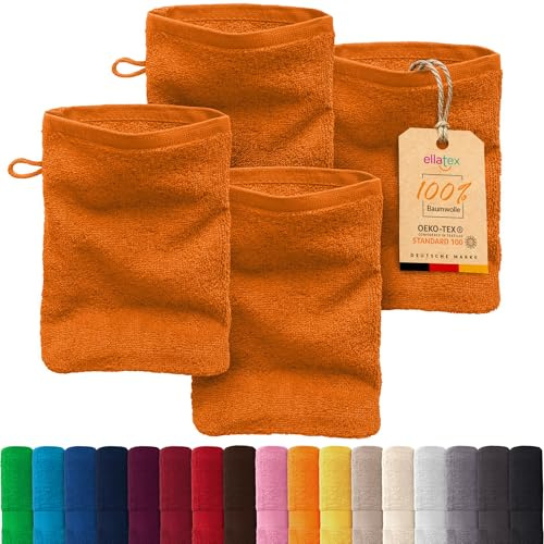 EllaTex Paris 4er Set Waschhandschuhe 15x21 cm – 100% Baumwolle, 500 g/m² Frottier, flauschig, Farbe: Orange