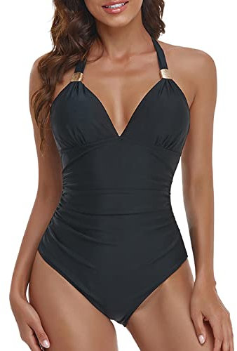 Costume da Bagno Intero da Donna,con Scollo a V, Spalline Regolabile, Reggiseno Imbottito con Coppe Interne Non Rimovibili Bikini Backless Un Pezzo Unico (Nero, XL)