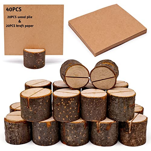 20 Stück Tischkartenhalter Rustikale Echtholz-Basis Rustikales Echtholz mit Holzrinde, Nummernfotoständer Platzkarten, Namensschilder Memokartenhalter für Hochzeitsfeier (20 Halter + 20 Kraftpapier)