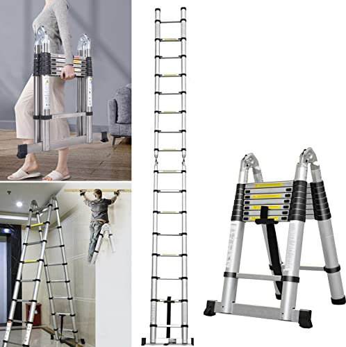 Teleskop Leiter, 2,5m+2,5m Aluleiter Klappbar Dachbodenleiter, Tragbare Ausziehbare Leiter, 150kg Tragkraft, Einfach zu Speichern
