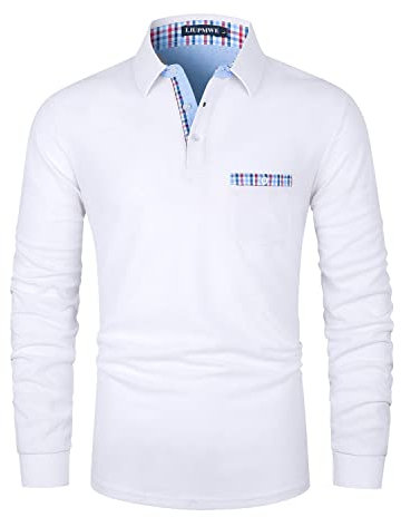 LIUPMWE Mens Polo Shirt Long Sleeve Contrast Color Denim Collar Patchwork Cotton Tee Tops,L,White-37