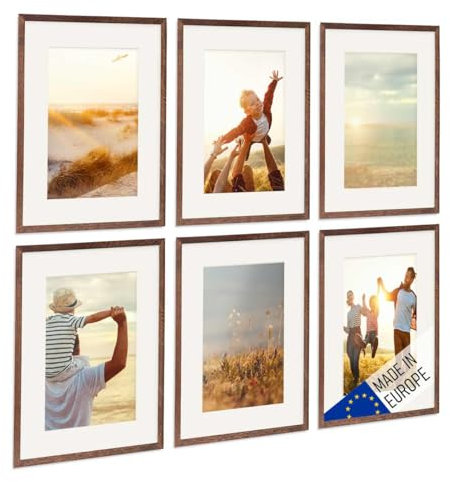 PHOTOLINI Bilderrahmen Holz 30x40 Eiche Dunkel mit Passepartout, Holzbilderrahmen Made in EU, 6er Set, bruchsicheres Acrylglas, zum Aufhängen, extra Zubehör - für Ihre liebsten Fotos & Bilder
