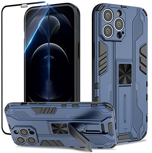 Btstring Funda para iPhone 12 Pro con Cristal Templado Protector Pantalla, Carcasa Protectora Antigolpes con Soporte Reforzado - Azul