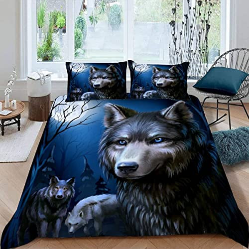 ALABOW Wolf Bettwäsche Set 135x200 cm 2teilig mit Reißverschluss Weiche und Angenehme Schlafkomfort Microfaser Bettbezug Wald Mond Kinderbettwäsche mit Kissenbezug 80x80