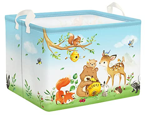 Clastyle Wildtiere Kinder Wäschekorb mit Henkel Baumzweige Kleidung Spielzeug Aufbewahrungskorb Jungen Mädchen Aufbewahrungsbox für Babyzimmer Bad, Bear Fuchs Hirsche, 40*30*30 cm