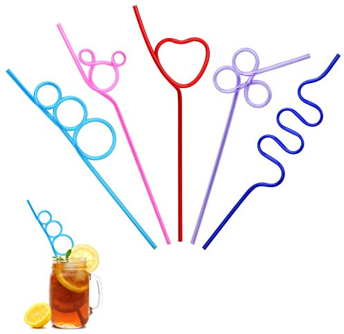 Pagezol 5 Pieces Reusable Drinking Straws Plastic Hard Curly Straws Novelty Crazy Silly Straws Multi-Shaped Colorful Kids Birthday Party Decoration Supplies Family Reunion Party Favors