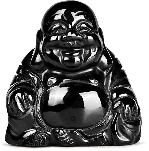 SM SMQARTCRYSTAL 2 Black Obsidian Crystal Laughing Happy Buddha Statue Buddha Ornaments Sitting Sculpture Decor Zen Yoga Figurine Feng Shui Good Luck Indoor Home