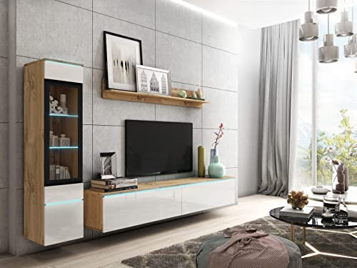 MINIO go for it - Wohnwand 3-Teilig Set Veve 1 I Hängend oder Stehend I Hochschrank-Vitrine I Lowboard I Wandboard I Laminierte Spannplatte I Wotan Eiche und Weiß Gloss - LED Beleuchtung