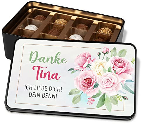 Pralinendose personalisiert „Danke WUNSCHNAME“ – mit Wunschtext 2zeilig - Metalldose mit 12 Pralinen – Dankeschön Schokolade Geschenk für Kollegen - Geschenkidee | Geburtstag Muttertag Weihnachten