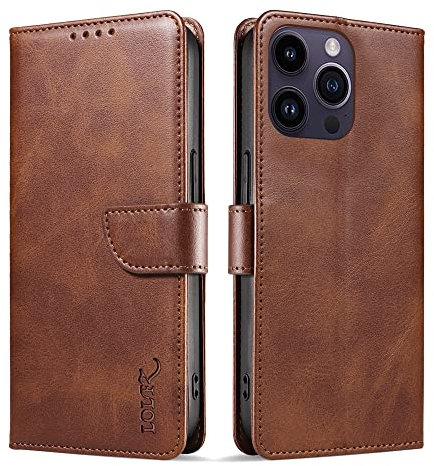LOLFZ Wallet Case for iPhone 14 Pro Max, Vintage Leather Book Case with Card Holder Kickstand Magnetic Closure Flip Case Cover for iPhone 14 Pro Max - Coffee Brown
