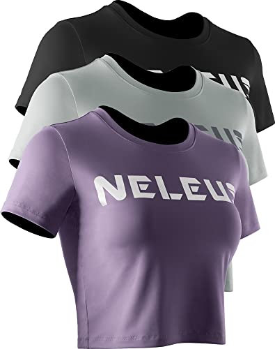 Neleus Damen Running Crop Tank Tops Dry Fit Workout Athletic Shirts 3er Pack, 1501 Schwarz/Grau/Lila, XX-Large