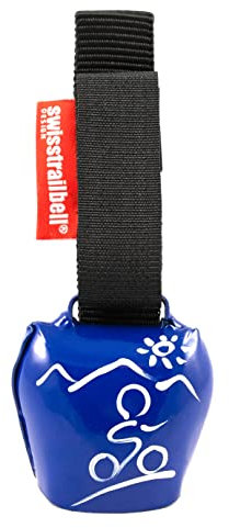 swisstrailbell® Fresh Colour-Edition: Blau mit weißem Mountainbiker, schwarzes Band, Trailbell, Bear Bell
