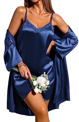 Ekouaer Ensemble chemise de nuit et peignoir pour femme 2 pièces en satin sexy bleu Marine XXL