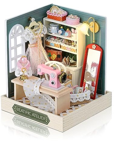 Cuteefun Kit de Maquetas Casas DIY, Casa en Miniatura para Montar con Muebles Guardapolvo y Herramientas, Regalo de Cumpleaños Navidad y Halloween(Estudio beatific)