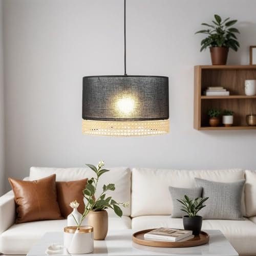 Licht-Erlebnisse Hängelampe PAGLIA aus Stoff in Schwarz Braun D:38,5cm E27 Vintage für Wohnzimmer Küche Esszimmer Pendellampe Innen Hängeleuchte Pendelleuchte Boho