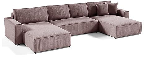 Mars Meble Ecksofa Parys U Eckcouch mit Schlaffunktion und Bettkasten U-Form Polsterecke aus Cord-Bezug 390 cm Ecke u-förmig, Farbe: Rosa, Poso 27