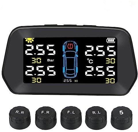 RGTTOTG Smart Solar TPMS Tyre Pressure Monitoring System Tools Tire Guard Pressure Monitor USB/Solar Charging 6 Alarm Modes, Auto Sleep Mode, Tire Position Exchange, 5 TPMS Sensors (0-116PSI)