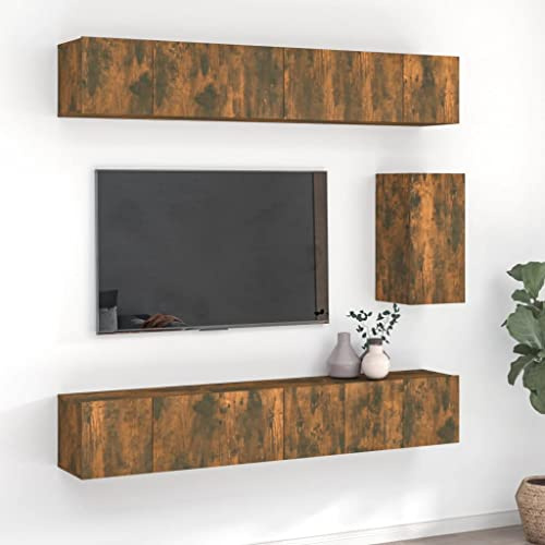 Wohnzimmer-Unterhaltungszentrum TV-Media-Konsole Medienmöbel-Konsole 7-TLG. TV-Schrank-Set Räuchereiche Holzwerkstoff für Wohnzimmer, Schlafzimmer, etc