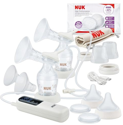 NUK Soft & Easy elektrische Doppel-Milchpumpe | Brustaufsätze aus 100 % Silikon | Klein, leicht und leise | Akku für unterwegs | Brustaufsätze 24 mm & 27 mm | 2x Perfect Match Babyflaschen