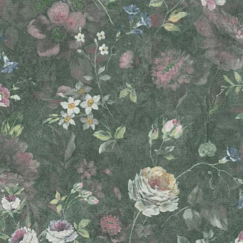 BRICOFLOR Tapete im Landhausstil Vintage Vlies Blumentapete dunkelgrün bunt ideal für Wohnzimmer und Esszimmer