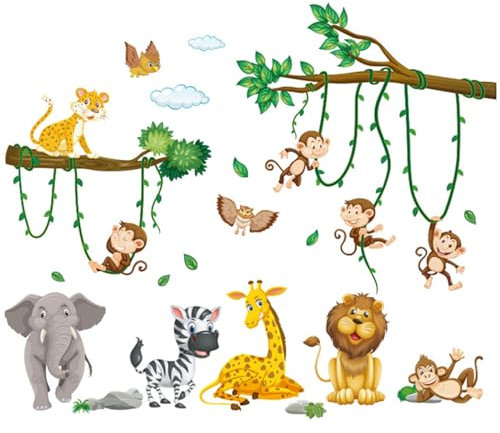 KiKiHong 2 Stück Dschungel Tiere Baum Reben Wandsticker Wandaufkleber Kinderzimmer Tiere Wandtattoo Dschungel Wanddeko für Kinderzimmer Babyzimmer Wohnzimmer(90 * 60cm)