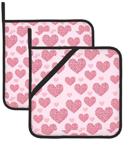 Set di 2 presine a forma di cuore rosa leopardato, per cucina, presine resistenti al calore, presine per bancone della cucina, presine con passante, per cucinare alla griglia e al forno.