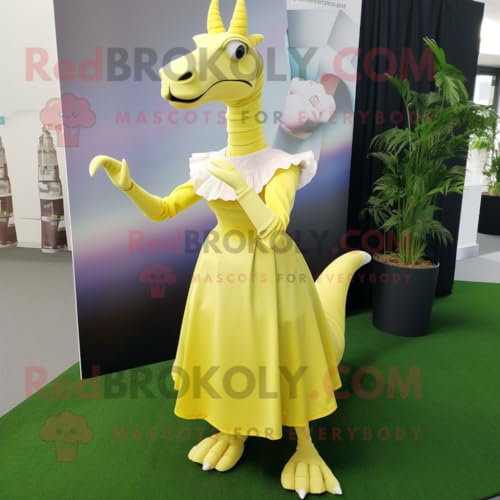 REDBROKOLY Giallo limone Parasaurolophus personaggio costume mascotte vestito con una maxi gonna e spille da bavero