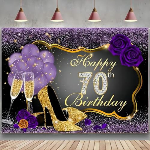 Alles Gute zum 70. Geburtstag Hintergrund Glänzend Lila Gold Rahmen Hintergrund Party Dekorationen Rose Ballons Absätze Champagner Glas Banner 440x300CM