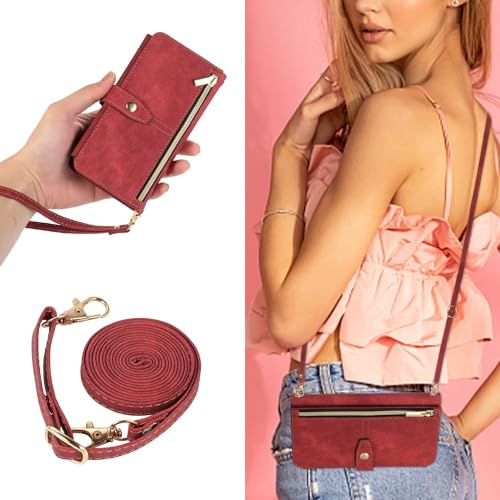 FMPCUON Hülle für Samsung Galaxy S7 Hülle mit Band, Leder Samsung Galaxy S7 Handytasche Handyhülle Praktische Handykette Kartenfächer Brieftasche Umhängetasche Samsung Galaxy S7 Case, Rot