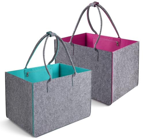taonganui 2 Stück Filztasche Einkaufstasche Faltbar Filztaschen Shopper Groß 30L, Faltbar Filzkorb, Filz Tasche Tragetasche Filz Kaminholztasche zur Einkaufen,Reisen,Arbeit,Picknick 40 x 27 x 27 cm