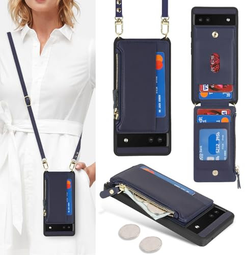 SailorTech Google Pixel 6a Handyhülle Mit Kartenfach, Verstellbarer Halskette Und Reißverschluss-Geldbörse - Blau
