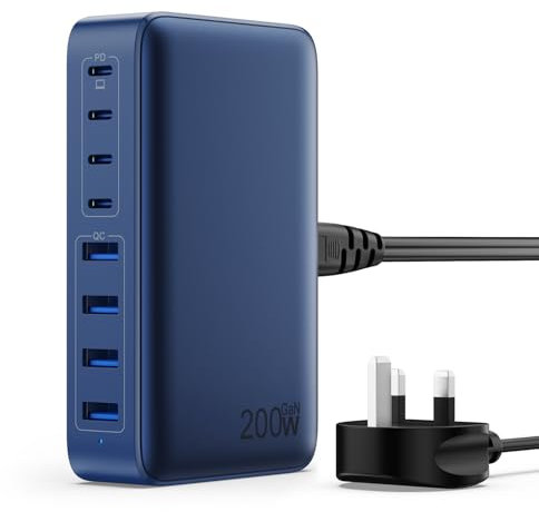 200W USB C Fast Charger Block,Upgraded GaN III 8-Port Charging Station Hub,PD 65W Laptop Charger Power Adapter Compatible with MacBook Pro/Air,Dell XPS, iPhone 16/15/Pro/14,Galaxy S24/S23 etc-Blue