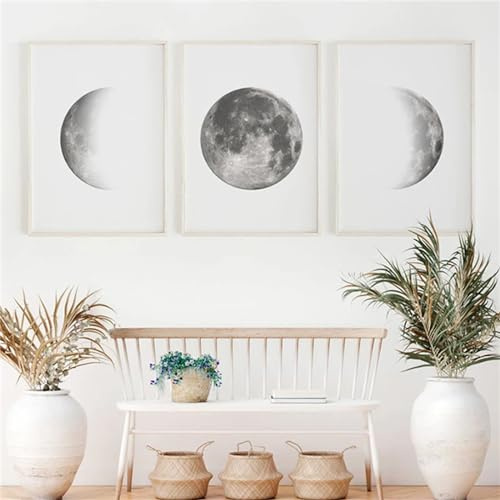 Ueiwffzo 3er Poster Set Wandbilder Wanddeko, Schwarz Weißer Mond Wand Bilder ohne Rahmen, Einfaches Wandbild Deko Wand für Wohnzimmer Flur Hotel (40 x 50 cm)