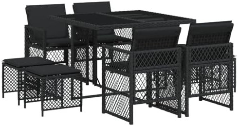 vidaXL Garten Essgruppe 9-TLG., Gartenmöbel Set mit Kissen, Gartengarnitur Tisch 4 Stühle 4 Hcoker, Sitzgruppe Sitzgarnitur, Schwarz Poly Rattan