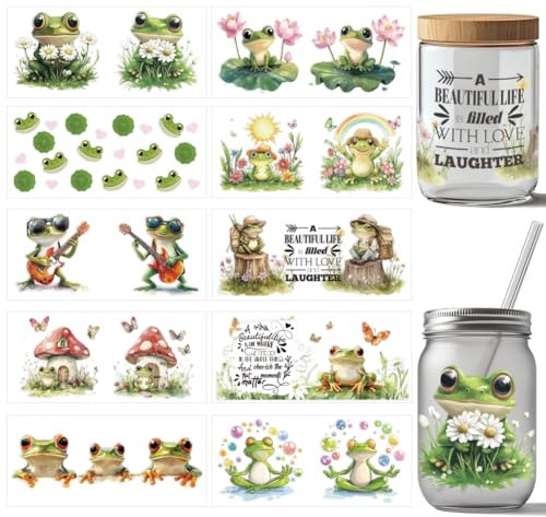arricraft 10 Stück Frosch UV DTF Cup Wrap Transferaufkleber 10 Stile Tierfrosch Niedliches Transferpapier Rubbelaufkleber PVC Cup Wrap Sticker Wasserfest Rubbelaufkleber Für Bastelglas