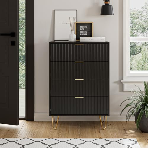 Masupu Kommode mit 4 Schubladen, Kommode, hohe Aufbewahrung, Kommode mit Metallbeinen, kleine Kommode für Schlafzimmer, Wohnzimmer, Schrank, Flur, schwarz gestreift