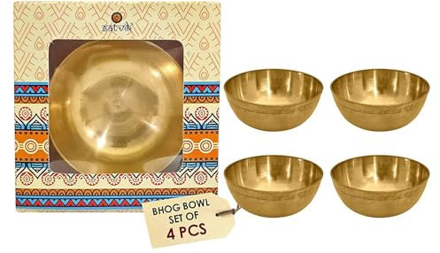 SATVIK Set of 4 Big Brass Bhog Bowl Set for Pooja | Pure Brass Bowls for Prasad, Meditation, Yoga, Diwali Offering | Indian Bhog Katori Altar Supplies