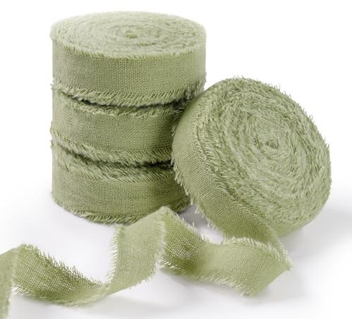 FAKILO Natürliches rustikales Baumwollband mit ausgefranstem Rand, Salbeigrün, 100% Baumwolle, 1,6 cm x 22 m, für Vintage-Hochzeitssträuße, Einladungen, Babypartys, Geschenkverpackungen