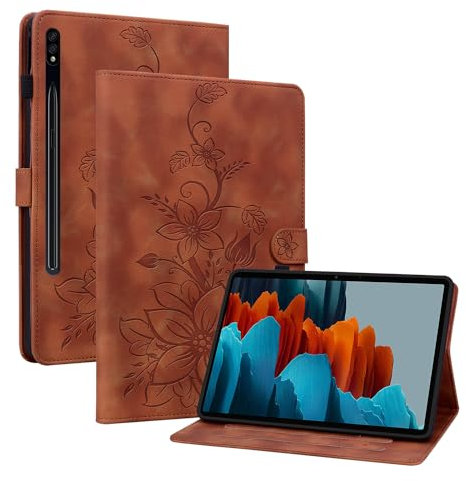 Rosbtib Funda para Samsung Galaxy Tab S7 2020/S8 2022 11 Pulgadas, Funda Protectora de Visualización Multiángulo con [Ranura para Tarjetas] [Cierre Magnético], Lirios Marrón