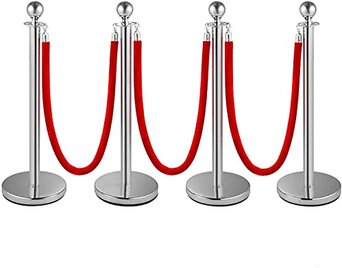 VMtSeaHi 4PCS Poteaux de Guidage, Poteau de Séparation avec 1,5 m Corde en Velour Rouge, Brrière de Queue pour Contrôle de Foule pour Théâtre Hôtel Banque, Injection de sable Base Creuse (Argent)