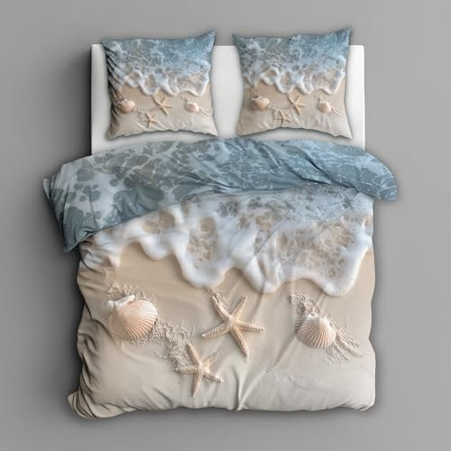 Generisch Strand Und Meer Bettwäsche 135x200 2tlg, 1 Kissenbezüge 80x80 - Ozean Muscheln Seestern Design Wendebettwäsche, Weiche Mikrofaser Bettbezug mit Reißverschluss, Deko & Geschenke FxH110