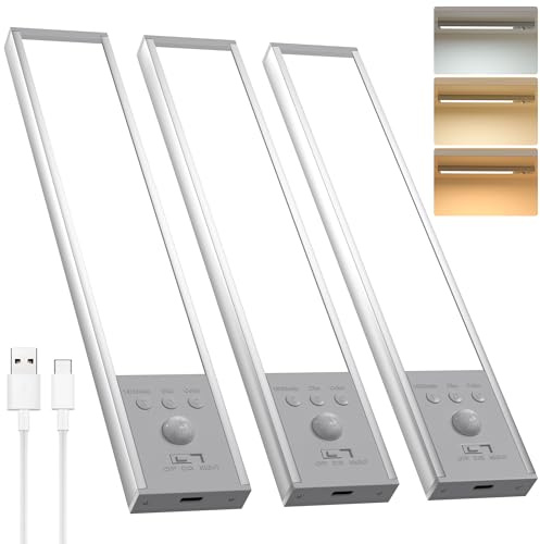 SOAIY 3er-Set LED Unterbauleuchte Küche mit Bewegungsmelder 20cm aufladbar | dimmbare Schrankbeleuchtung mit Bewegungsmelder 3 Lichtfarbe magnet Lichtleiste für Küchenschrank Kleiderschrank Bad Treppe