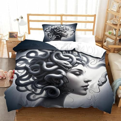 Generisch Weiße Medusa Bettwäsche 135x200cm, Hellgrau Bettbezug, 3-Teiliges Bettwäsche-Sets aus Atmungsaktiver und Weicher Mikrofaser, 2 Kissenbezüge mit Reißverschluss AH1196