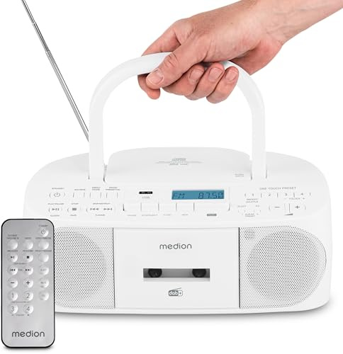 MEDION DRX-1 Plus Boombox (tragbares DAB+ UKW Radio, Bluetooth, CD-Player, MP3, Kassette, Kopfhöreranschluss, Stereo Sound System, AUX, Netz & Batterie) weiß