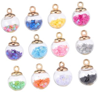 WEKAMOS 34 Bunte 16mm Glitzernde Glasanhänger mit Sternpailletten für Selbstgemacht Schmuck Herstellung Transparente Kristallkugelanhänger Bastelset für Halsketten Zufällige Farbe