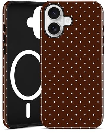 Jusy Polka Dot Magnetic Phone Case for iPhone 16, Brown | Compatible with MagSafe, Cute Polka Dots Aesthetic Design, Wireless Charging, TPU and PC Shockproof
