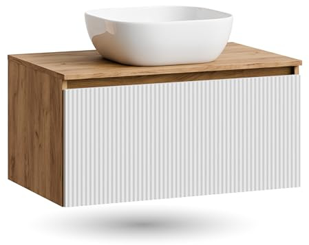 Set de muebles de baño Planetmöbel Arisa, lavabo de 80 cm en oro roble blanco (con estrías), lavabo de 42 cm blanco, incl. sifón de ahorro de espacio