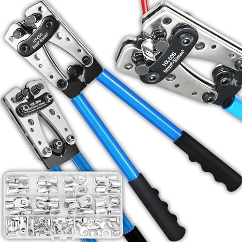 Retoo Crimpzange Set 6–50 mm² mit 60 Aderendhülsen - Professionelle Presszange für Kabelschuhe, Quetschverbinder, Isolierte und Unisolierte Kabel - Elektriker Werkzeug mit ergonomischem Griff