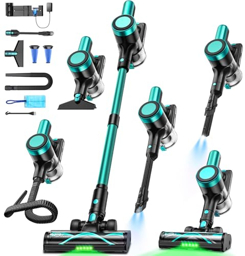 NYXAL Aspirateur sans Fil 50 KPa/500 W/55 Min, avec Station de Charge Murale, autoportant, écran LED, Brosse Anti-enchevêtrement, pour Poils d'animaux, Tapis, sols durs, Voiture, Bleu Menthe